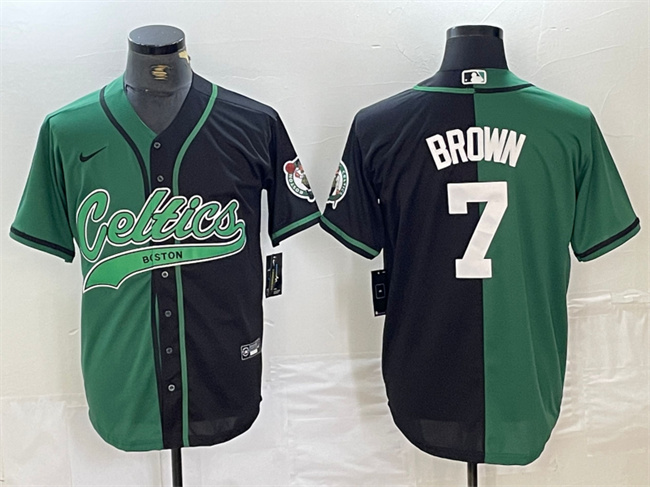Men's Boston Celtics #7 Jaylen Brown Green/Black Split Stitched Baseball Jersey